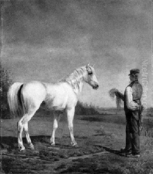 Ein Bauer Lockt Seinen Schimmel Mit Einem Frischen Bundel Gras Oil Painting by Adolf Heinrich Mackeprang