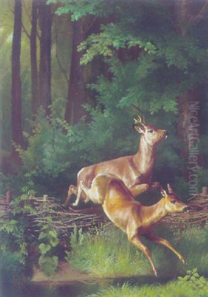 Skovparti Med Springende Hjorte Ved Baek Oil Painting by Adolf Heinrich Mackeprang