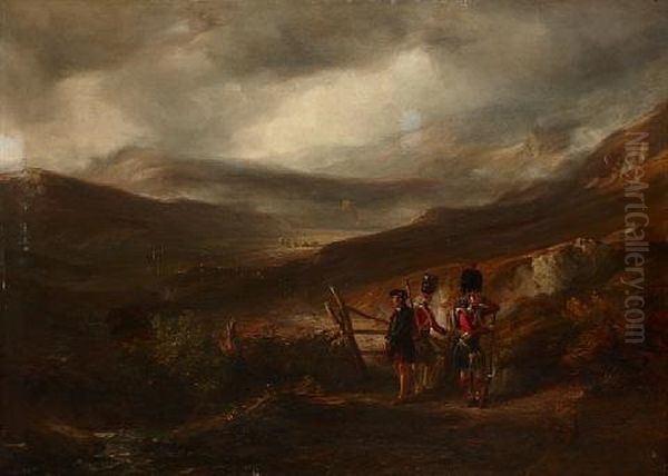 Soldiers Before An Extensive Highland Landscape Oil Painting by Kenneth Macleay