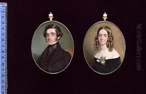 Daniel Shears, Seated, Wearing Black Coat, Moss-green Velvet Waistcoat And Black Cravat (+ Mary Shears, Wearing Black Dress With White Frilled Trim, A White Rose At Her Corsage; Pair) Oil Painting by Kenneth Macleay