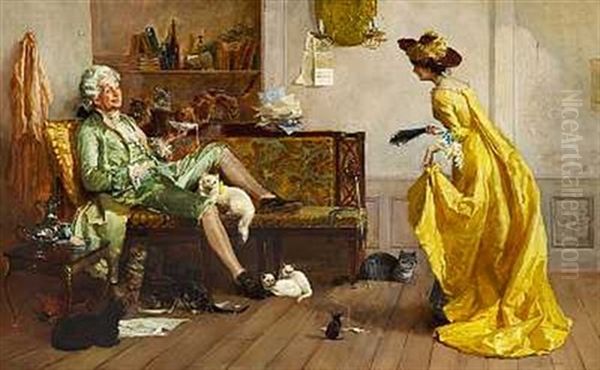 Interior Med Fornem Herre Og Dame Omgivet Af Katte Oil Painting by Percy Thomas Macquoid