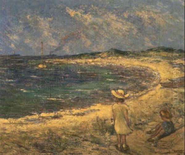 Children Playing At The Beach Oil Painting by Elmer Livingston Macrae