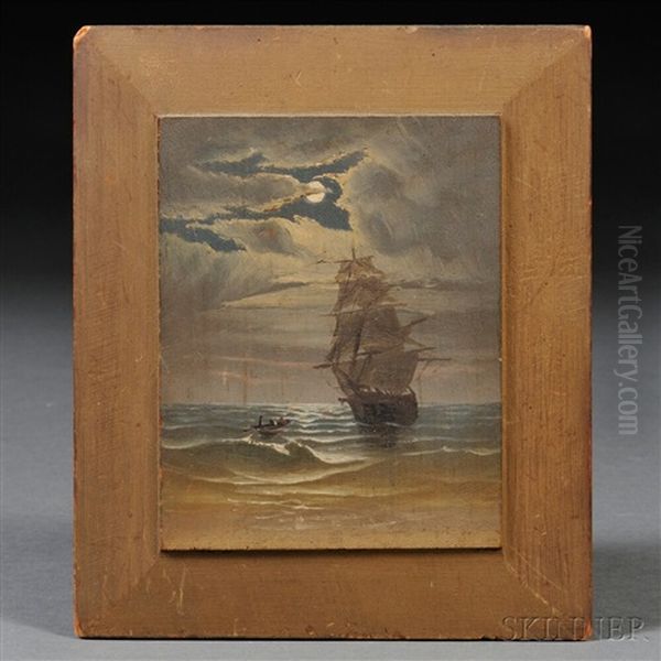 Moonlight Over The Bark Minmanueth Ashore On The South Side Of Nantucket Oil Painting by Wendell F. Macy