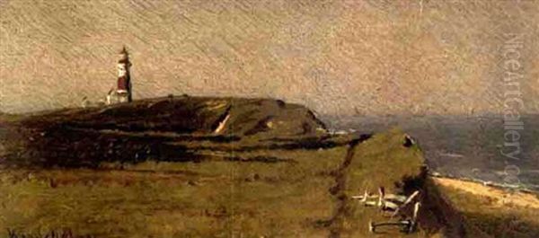 Fisherman In A Dory (+ Lighthouse Point, Insc.; 2 Works) Oil Painting by William Ferdinand Macy