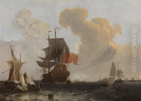 A Man-o-war In Choppy Seas Oil Painting by Michiel Maddersteeg