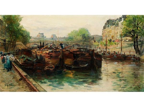 Pariser Stadtansicht Mit Schiffen Auf Der Seine Oil Painting by Gustave Madelain