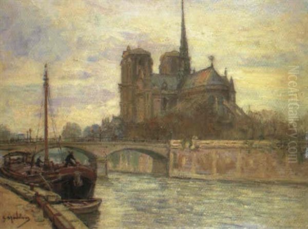 Peniche A Quai Derriere Notre-dame Oil Painting by Gustave Madelain