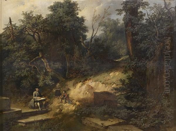 Deux Enfants Regardant Un Dessinateur Sur Le Motif Dans Un Paysage Oil Painting by Jean-Baptiste Madou