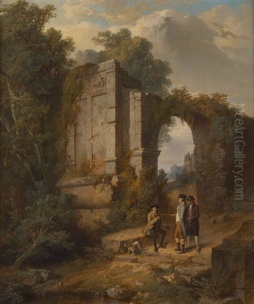 Conversation De Gentilshommes Pres Des Ruines Oil Painting by Jean-Baptiste Madou