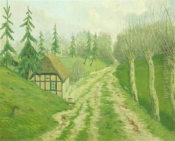 Landscape With Thatched House Oil Painting by Jeppe Madsen Ohlsen