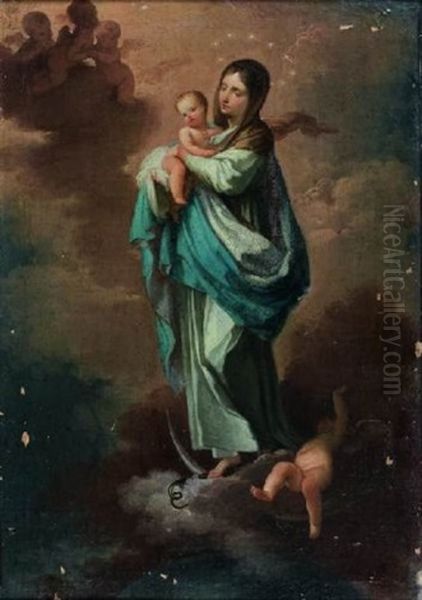 Vierge De L'immaculee (conception Tenant L'enfant Jesus Dans Ses Bras) Oil Painting by Mariano Salvador Maella