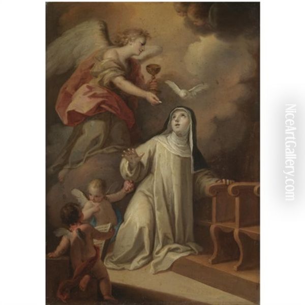Saint Catherine Of Siena Receiving Holy Communion From An Angel Oil Painting by Mariano Salvador Maella