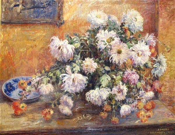 Still Life Of Chrysanthemums Oil Painting by Edmond De Maertelaere