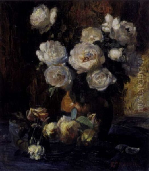 Stilleven Met Witte Rozen Oil Painting by Edmond De Maertelaere