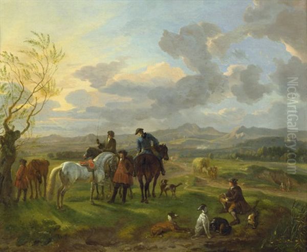 Eine Vornehme Jagdgesellschaft Bei Der Rast In Einer Hugeligen Landschaft Oil Painting by Dirk Maes