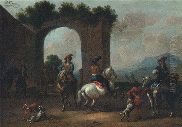 Horsemen Schooling Horses Before An Archway Oil Painting by Dirk Maes