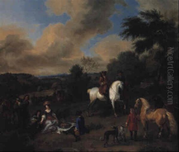 A Hunting Party Picnicking In A Wooded Landscape Oil Painting by Dirk Maes