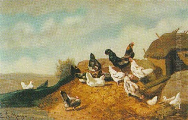 Chickens In A Farmyard Oil Painting by Eugene Remy Maes