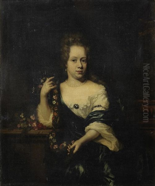 Portrait Of A Lady Three-quarter-length, In White Dress And Blue Silk Shawl Oil Painting by Nicolaes Maes