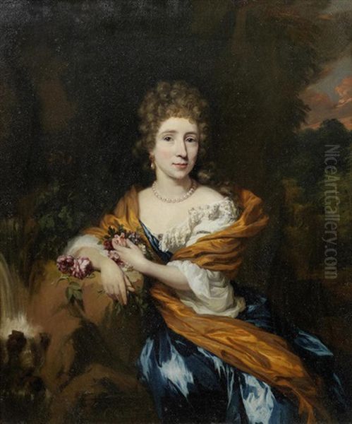 Portrait Of Baroness Van Heeckeren, Three-quarter-length, In A Blue Dress And Yellow Wrap, Seated Before A Landscape Oil Painting by Nicolaes Maes