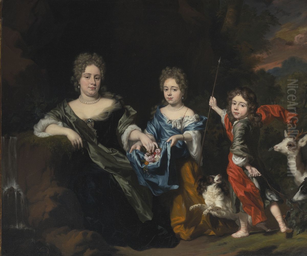 Portrait Of A Mother And Two Children In A Park Oil Painting by Nicolaes Maes