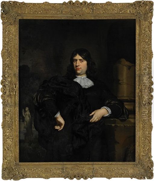 Portrait Of A Gentleman Wearing A Black Coat With White Collar And Black Robe Oil Painting by Nicolaes Maes