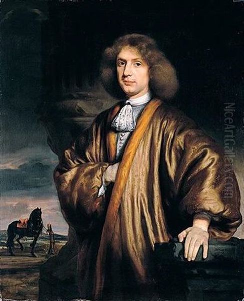 Portrait Of A Gentleman Standing Beside A Column, A Landscape With A Tethered Horse Beyond Oil Painting by Nicolaes Maes