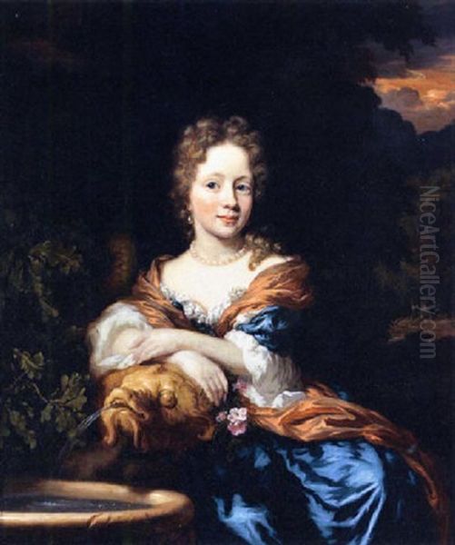 A Portrait Of A Young Lady Wearing A Blue Silk Dress With White Lace Chemise, An Orange Silk Shawl And Pearly Jewellery Oil Painting by Nicolaes Maes