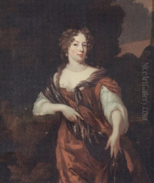 Portrait Of A Lady Wearing A Red Dress With Lace Chemise And Wrap Oil Painting by Nicolaes Maes