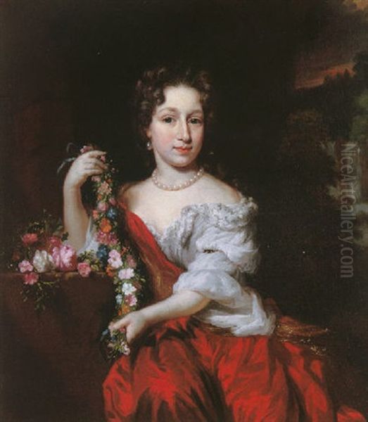 Portrait Of A Young Lady Wearing A Red Dress And White Chemise, Holding A Garland In A Landscape, A Waterfall Beyond Oil Painting by Nicolaes Maes