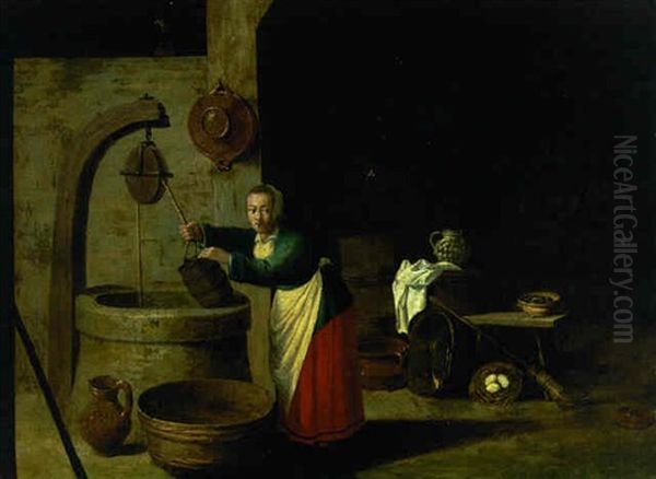 A Maid Collecting Water From A Well In An Interior Oil Painting by Nicolaes Maes