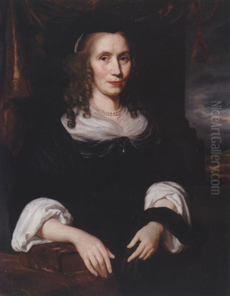 Portrait Of A Lady Wearing Black, Her Right Arm Resting On A Book Oil Painting by Nicolaes Maes