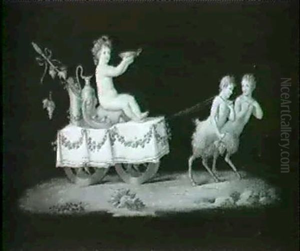 The Young Bacchus On A Draped Cart Drawn By Two Satyrs;     And Cupid, Standing On A Shelldrawn By Two Turtles. Two (2) Oil Painting by Michelangelo Maestri