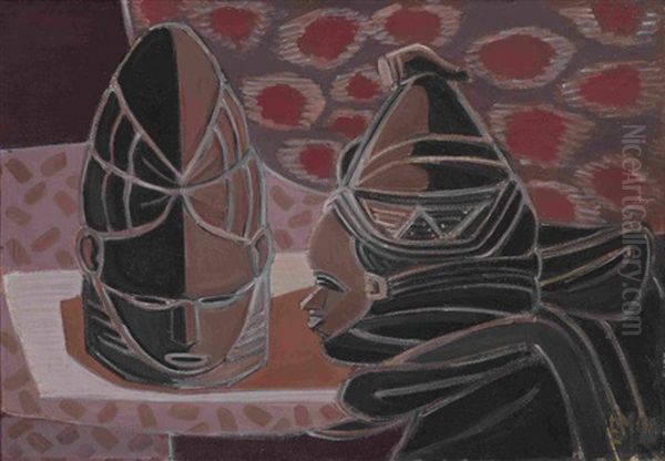 Stillleben Mit Zwei Mende Masken Oil Painting by Emil Maetzel