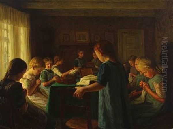Group Of Young Girls Sewing Oil Painting by Valdemar Holger V. Rasmussen Magaard