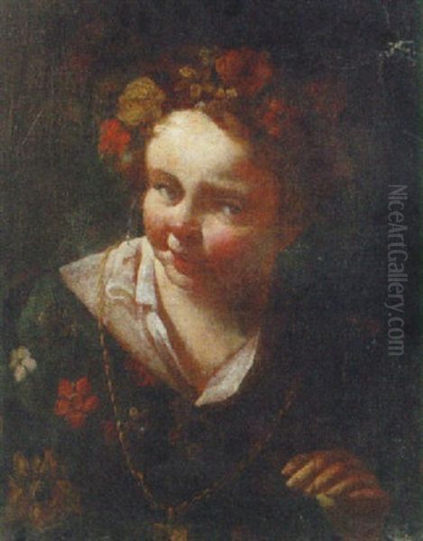 A Girl Wearing A Gold Chain And Flowers In Her Hair Oil Painting by Domenico Maggiotto