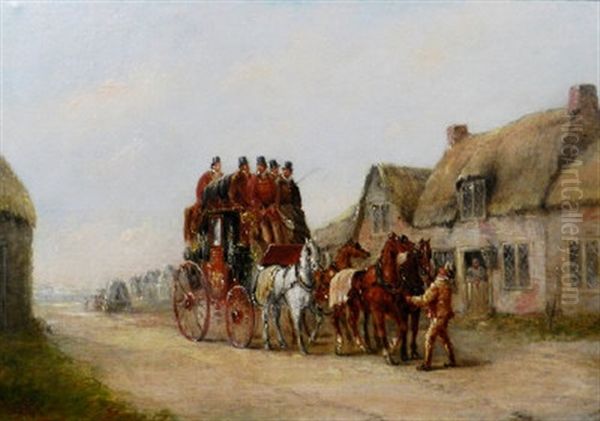 A Mail Coach On A Village Street And Mail Coach On A Winter's Day (a Pair) Oil Painting by John Charles Maggs