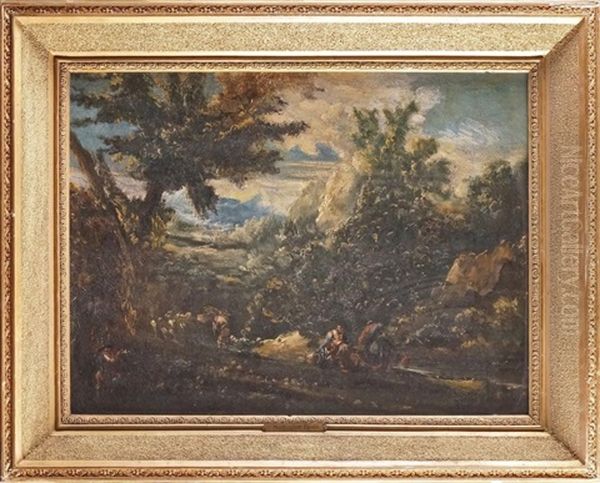 Paysans Pres D'un Cours D'eau Dans Un Paysage Boise Oil Painting by Alessandro Magnasco