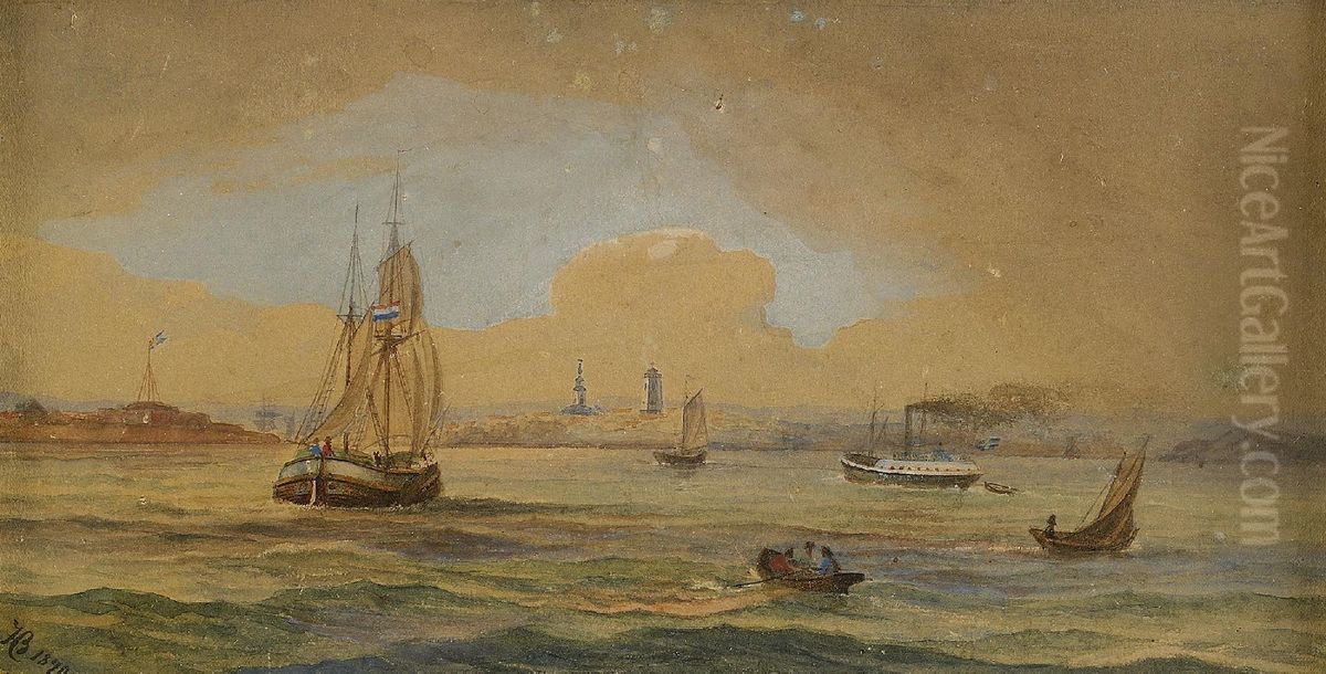 Kustmotiv Med Franska Och Svenska Fartyg Oil Painting by Johan Christian Berger