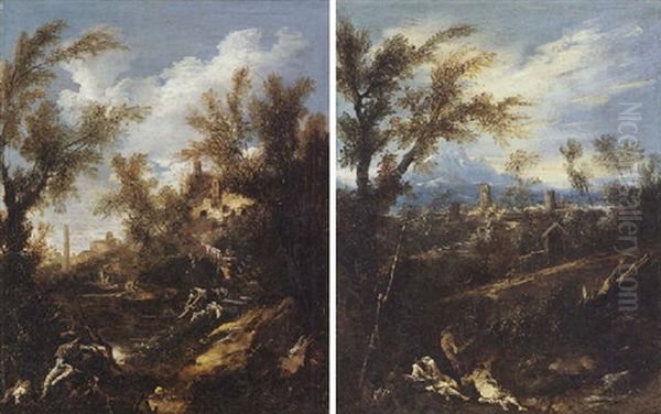 A Rocky Wooded Lamdscape With Washerwomen And Other Figures Near A Stream, A Village Beyond Oil Painting by Alessandro Magnasco