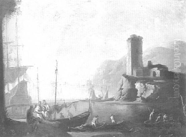 A Capriccio Of A Mediterranean Harbour With Fishermen And A Castle Ruin On A Hilltop Beyond Oil Painting by Alessandro Magnasco