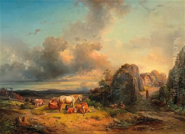 Herd Of Animals And Decorative Figures In An Open Landscape Oil Painting by Edmund Mahlknecht