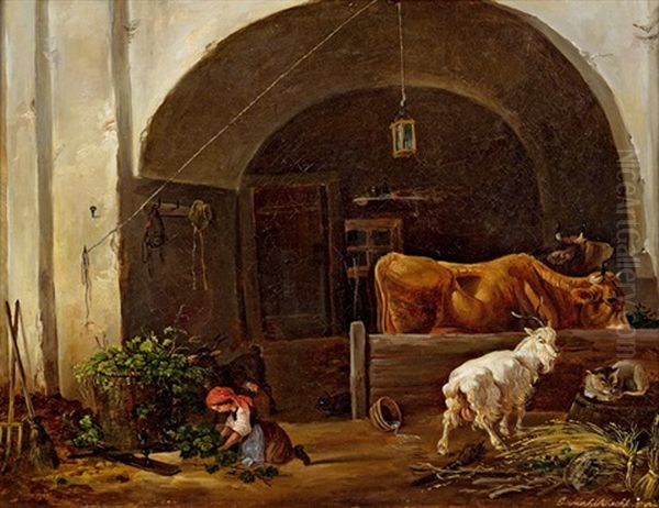 Im Stall Oil Painting by Edmund Mahlknecht