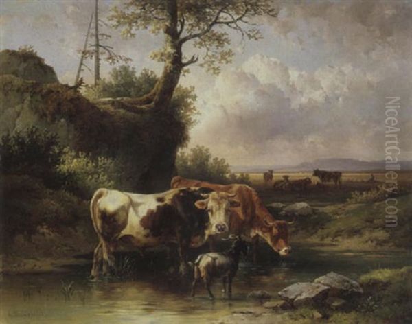 Landschaft Mit Rindern Und Einer Ziege Am Wasser Oil Painting by Edmund Mahlknecht