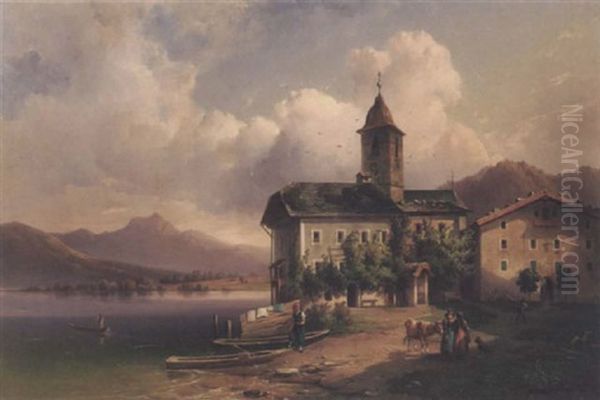 A Village Scene By A Lake Oil Painting by Edmund Mahlknecht