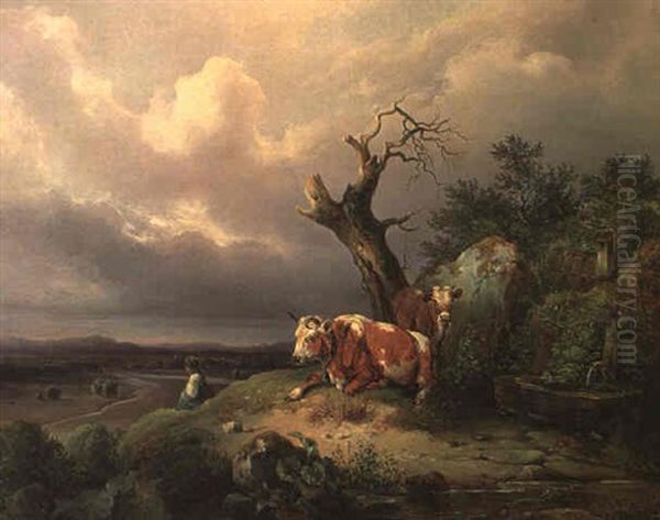 Hirtin Mit Ihren Rindern Oil Painting by Edmund Mahlknecht