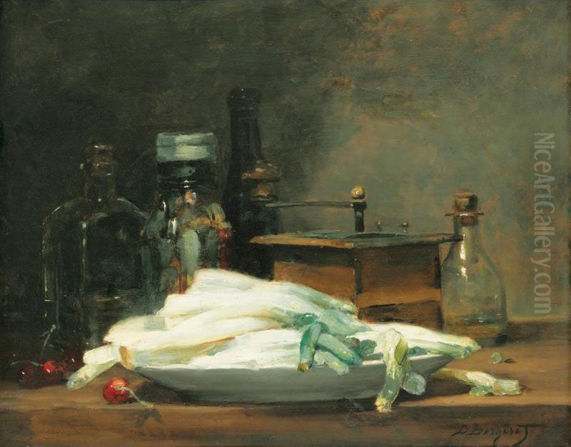 Le Plat D'asperges [ ; Still Life With Asparagus ; Oil On Cardboard ; Signed Lower Right D Bergeret ; Stamped Bernheim Jeune Expert On The Reverse] Oil Painting by Denis Pierre Bergeret