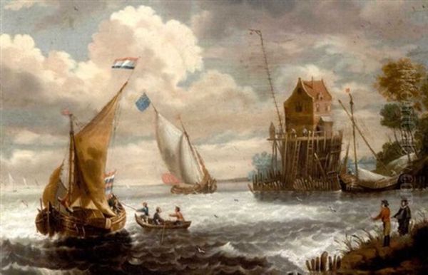 An Estuary With Dutch Vessels In Choppy Waters With Fishermen In The Foreground And A Fisherman's Hut On Stilts Beyond Oil Painting by Cornelis Mahu