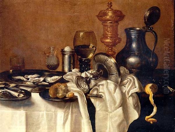 Oysters, A Bun And Smoking Utensils On Pewter Plates, With An Upturned Silver Tazza, A Knife, A Partly-peeled Lemon, An Upturned Berkemeier, A Silver Salt And A Giant Roemer On A Partly-draped Table Oil Painting by Cornelis Mahu