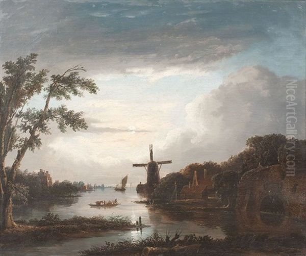 Abendlandschaft Mit Hollandischem Dorf Und Windmuhle Oil Painting by Jacobus Adrianus Maigret